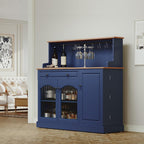 ARTPOWER 48" Farmhosue Coffee Bar Cabinet with Hutch, Wine Cabinet，Blue | Modern Buffet Cabinet with Drawer Storage & Shelves, Wine Bar Table with 3 Glass Doors for Living Room, Metal Hooks & handles
