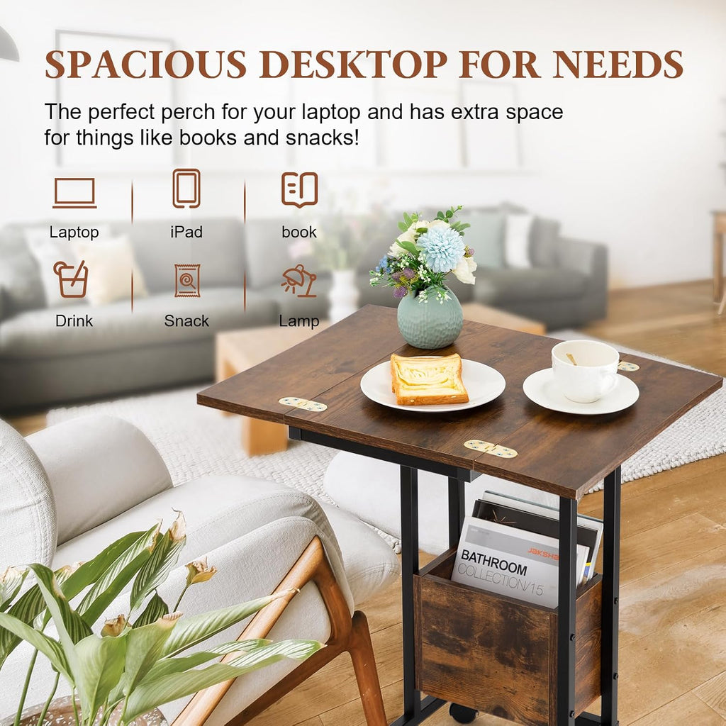 Hadulcet C Shaped End Table with Charging Station & Foldable Tabletop, Folding TV Tray Table with Storage, Laptop Table for Couch, C Table for Sofa, Living Room Bedroom Small Spaces, Rustic Brown