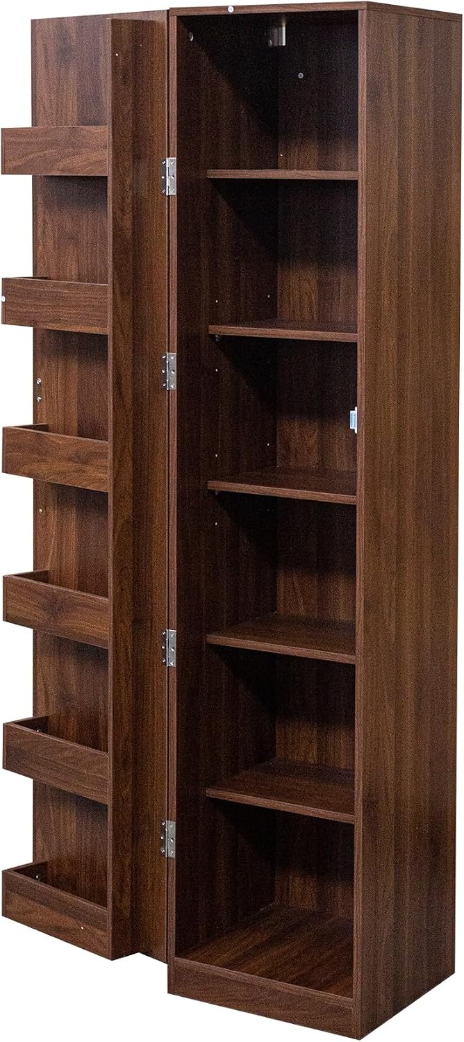 Kitchen Pantry Cabinet with 6 Shelves & 6 Side Racks, 2 Adjustable Shelves Storage Cabinet, Tall 71" Wood Pantry for Kitchen Bathroom, Walnut