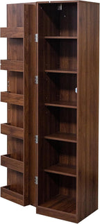 Kitchen Pantry Cabinet with 6 Shelves & 6 Side Racks, 2 Adjustable Shelves Storage Cabinet, Tall 71" Wood Pantry for Kitchen Bathroom, Walnut