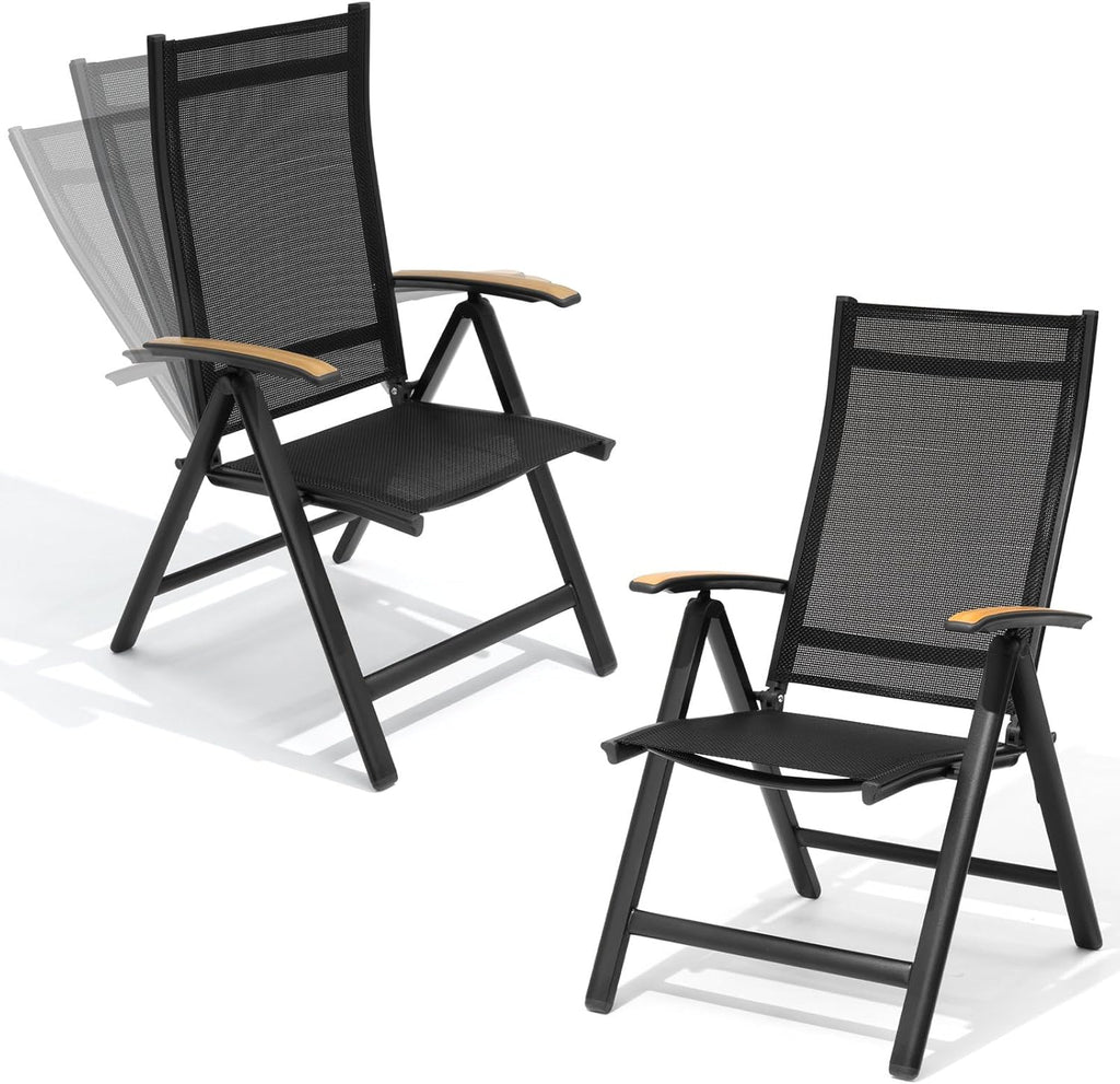 Crestlive Products Folding Patio Chairs Set of 2, 8-Level Adjustable Outdoor Recliner Chairs with Teak Armrest Aluminium Frame for Pool, Backyard, Black, DC071