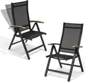 Crestlive Products Folding Patio Chairs Set of 2, 8-Level Adjustable Outdoor Recliner Chairs with Teak Armrest Aluminium Frame for Pool, Backyard, Black, DC071