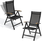 Crestlive Products Folding Patio Chairs Set of 2, 8-Level Adjustable Outdoor Recliner Chairs with Teak Armrest Aluminium Frame for Pool, Backyard, Black, DC071