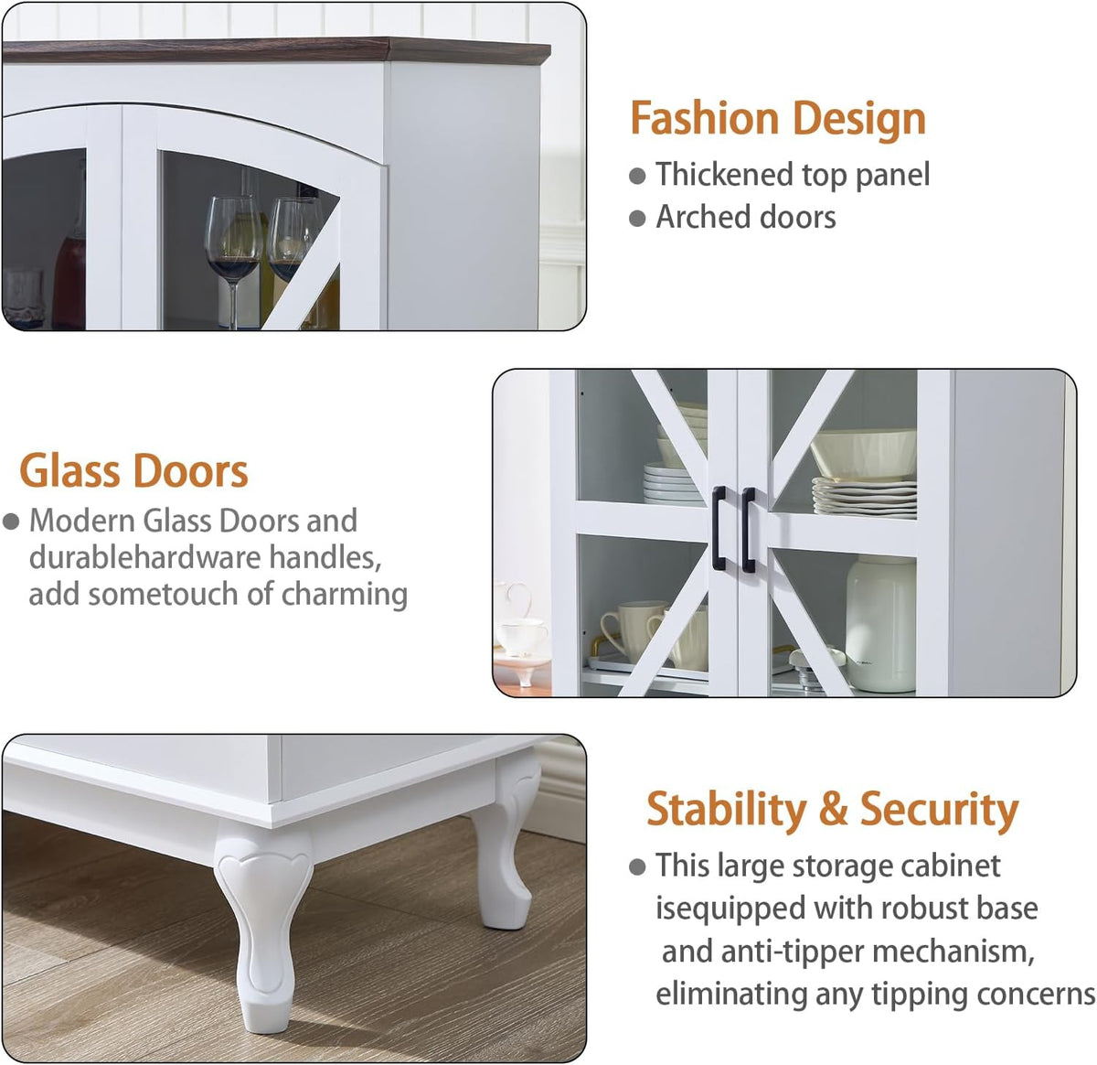 72" Tall Pantry Cabinet, Wood Arched Kitchen Pantry Storage Cabinets with 2 Glass Door and Adjustable Shelves, White Farmhouse Buffet Cupboard for Kitchen, Dining Room, Living Room and Bathroom