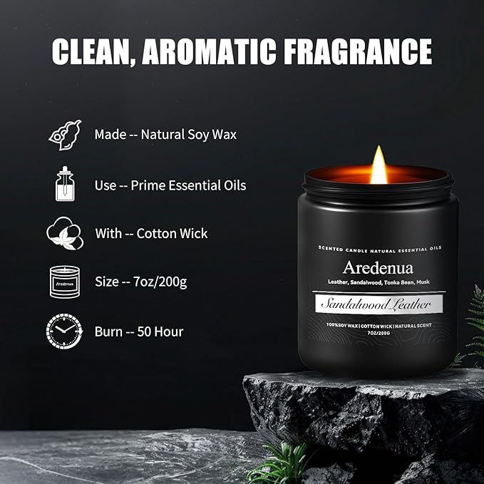 Sandalwood Leather Candle, Manly Candles for Home Scented, Masculine Aromatherapy Gifts for Men - 7oz Soy Candle, 50 Hours Burn Time, Perfect for Relaxing Home Fragrance