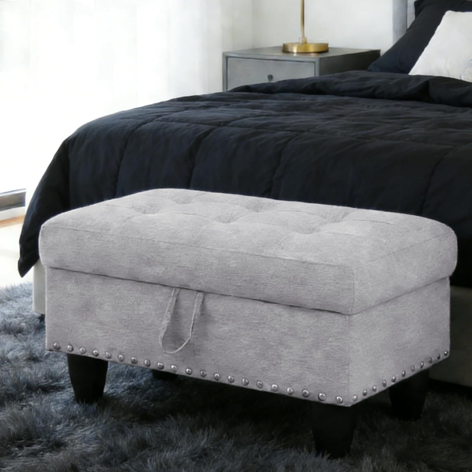 Ottoman with Storage for Living Room, 28.5'' Linen Living Room Ottomans Foot Rest, Upholstered Entryway Bench, End of Bed Storage Bench, Small Ottoman Foot Stool, Tufted Coffee Table, For Bedroom