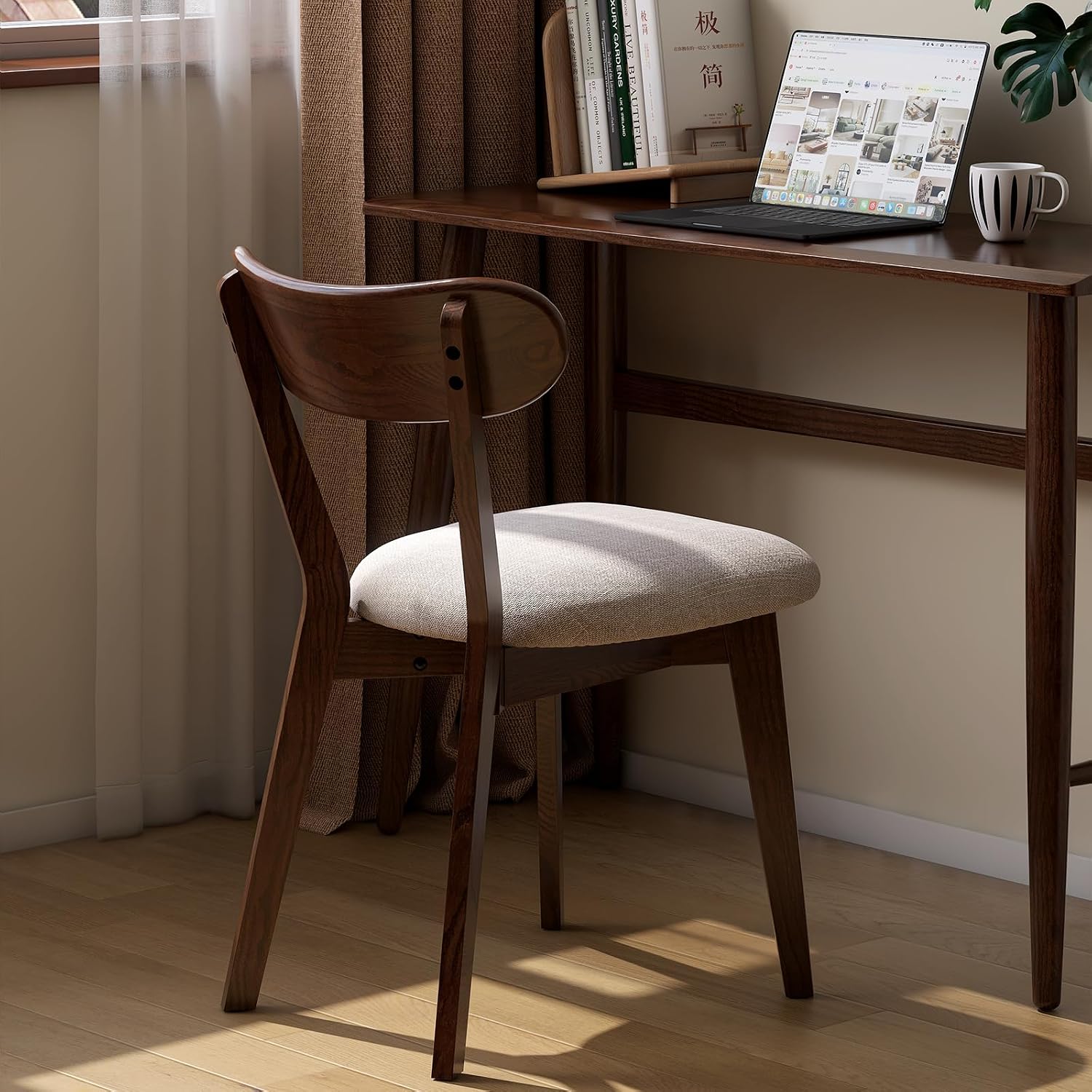 Mid Century Modern Walnut Dining Chair – FAS-Grade Oak Frame, Single Solid Wood Armless Side Chair, Heavy Duty 400 lbs Commercial Grade, Curved Back & Upholstered Seat for Kitchen, Cafe, Restaurant
