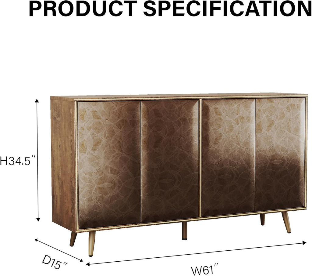 Sideboard Buffet Cabinet with Raised Shaped & Geometric Line Texture Door Panel, Accent Storage Cabinet for Living Room (Cabinet Body- Oak, 4 Door-15 D x 61" W x 34.5" H)