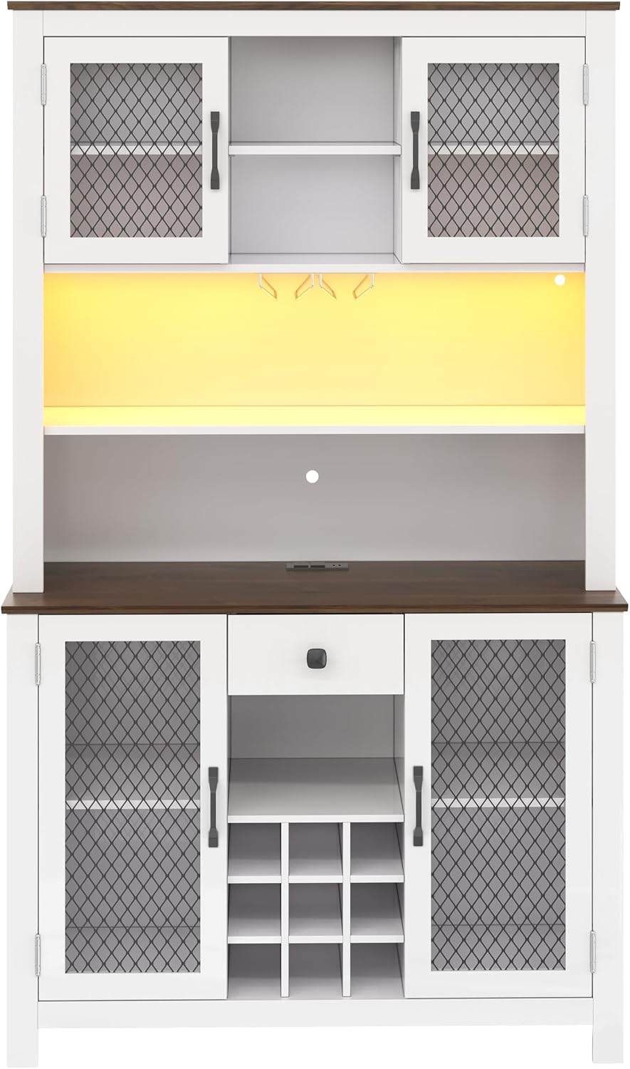 70.9" Farmhouse Kitchen Hutch Cabinet with Charging Station, 2 AC Outlets & 2 USB Ports, Built-in Wine Rack for 9 Bottles, Stemware Holder & LED Light, Freestanding Pantry Storage Cabinet (White)