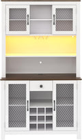70.9" Farmhouse Kitchen Hutch Cabinet with Charging Station, 2 AC Outlets & 2 USB Ports, Built-in Wine Rack for 9 Bottles, Stemware Holder & LED Light, Freestanding Pantry Storage Cabinet (White)