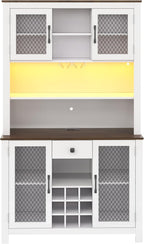 70.9" Farmhouse Kitchen Hutch Cabinet with Charging Station, 2 AC Outlets & 2 USB Ports, Built-in Wine Rack for 9 Bottles, Stemware Holder & LED Light, Freestanding Pantry Storage Cabinet (White)