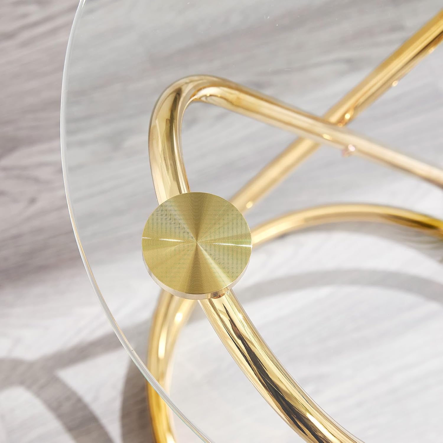 BECHAEO 19.7" Round Glass Gold Side Table with Gold-Plated Metal Ring-Shaped Frame for Living Room, Modern Round Glass End Table Nightstand for Bedroom, Small Side Table for Small Spaces