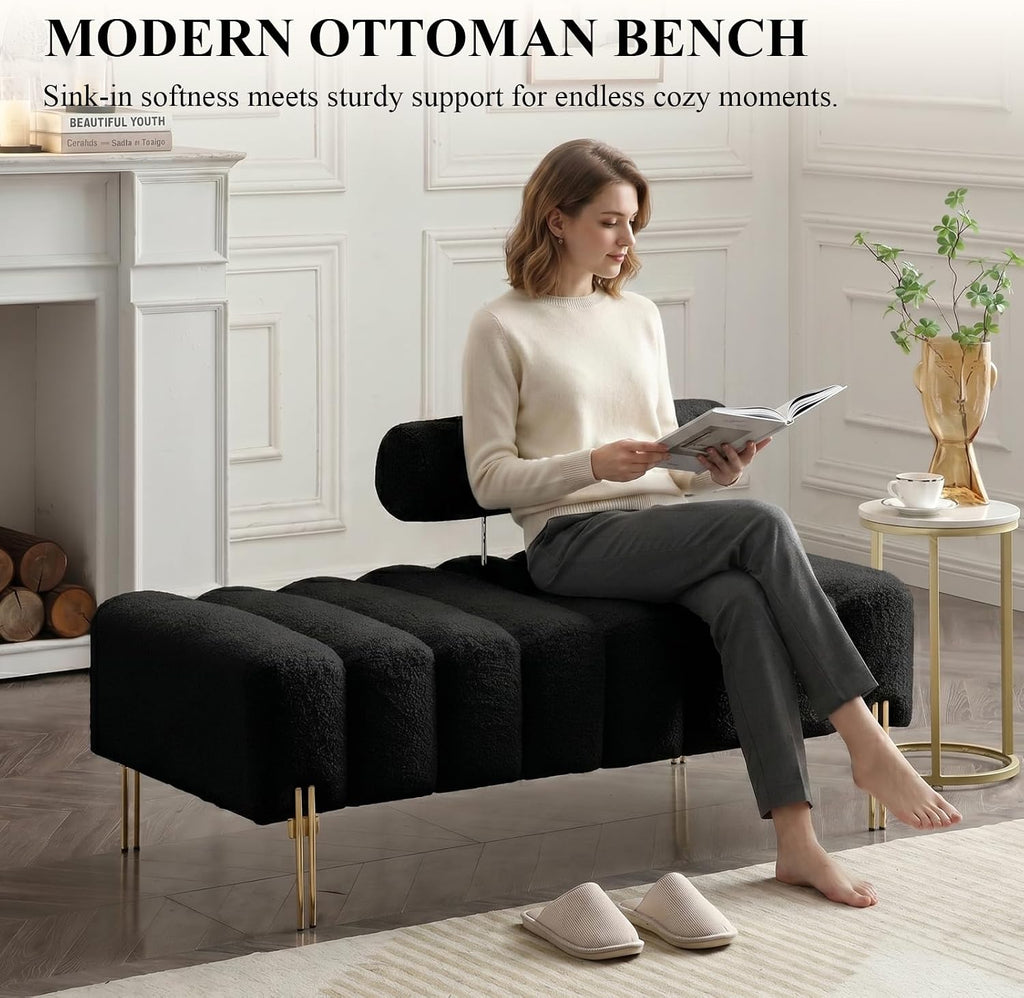53.2" Width Ottoman Bench, Teddy Upholstered Accent Sofa with Metal Legs, Comfy Love Seat Couches with Adjustable Backrest, End of Bed Bench for Bedroom, Entryway (Black)