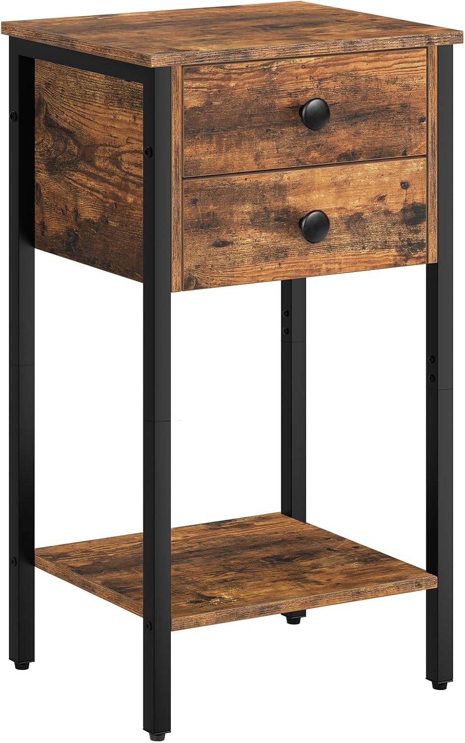 HOOBRO Tall Nightstand, End Table with 2 Drawers and Storage Shelf, Industrial Telephone Side Table for Study, Bedroom, Space Saving, Easy Assembly, Rustic Brown and Black BF72BZ01