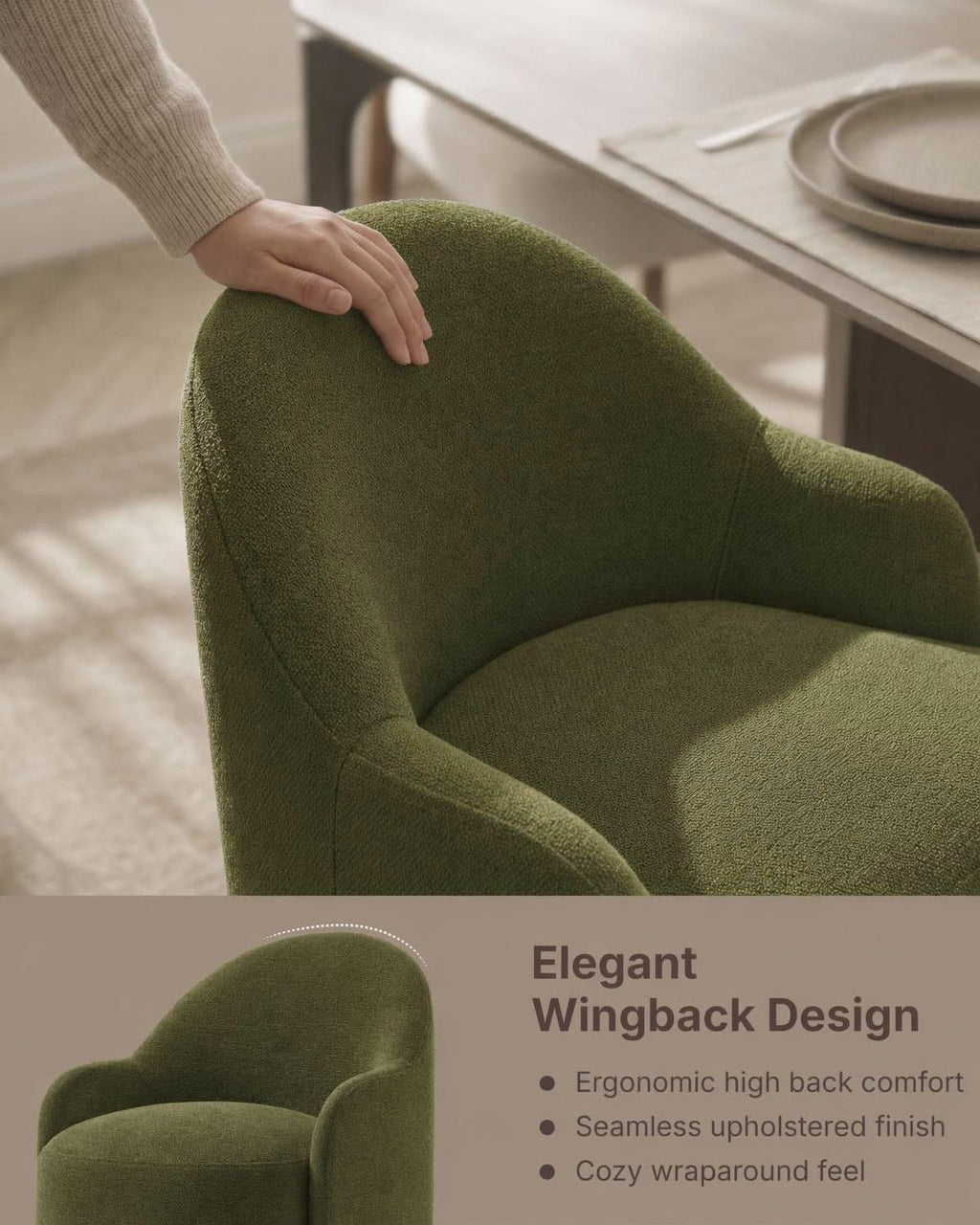 KISLOT Upholstered Dining Chairs Set of 4 with Caster, Pre-Assembled, Green | Modern Dining Room Chairs with Wheels, Rolling Vanity Chair with Round Backrest for Kitchen, Bedroom, Dressing, Linen Fabric