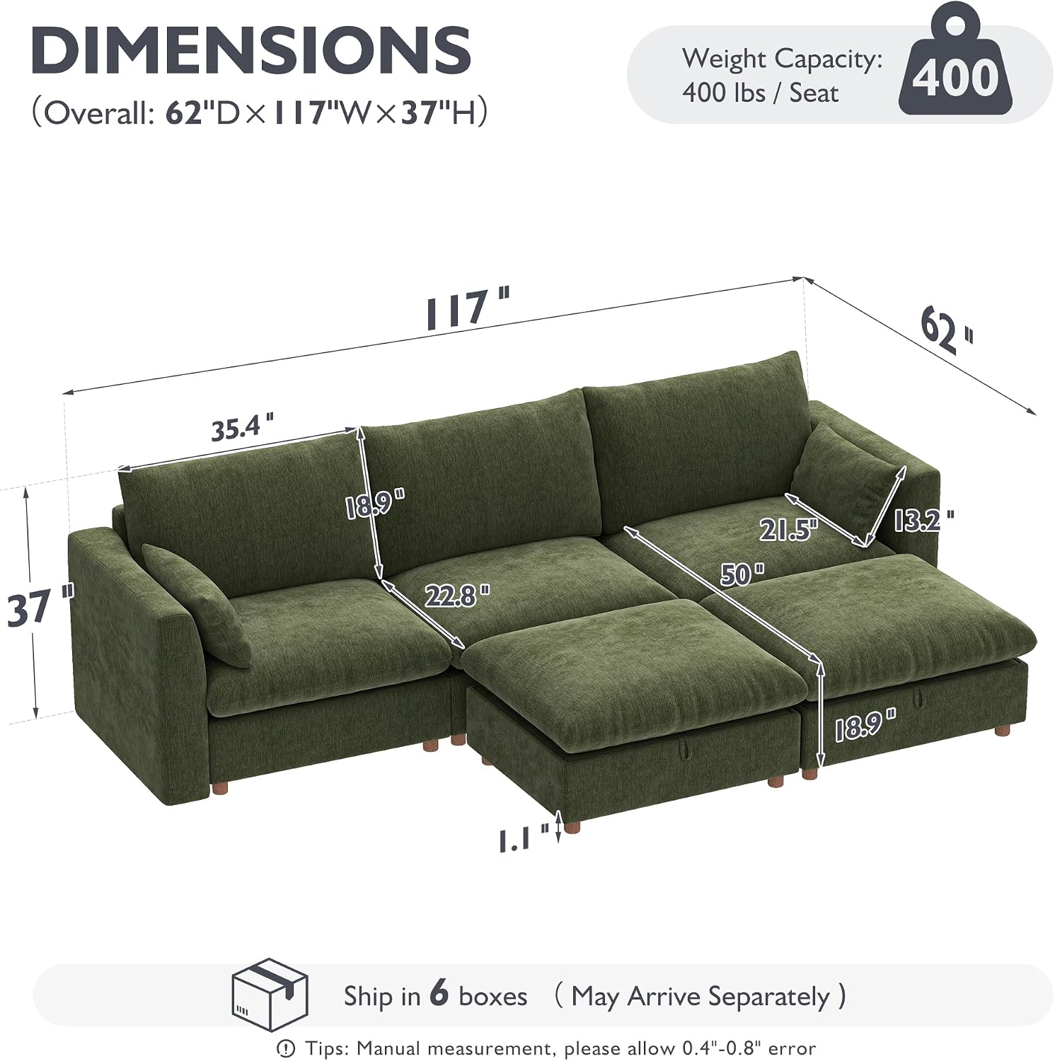 Ihanherry 117" Oversized Modular Sectional Sofa, Modern U Shaped Cloud Couch with 2 Storage Ottoman, 5-Seat Comfy Chenille Deep Seat Sofa with 2 Pillows for Living Room, Green