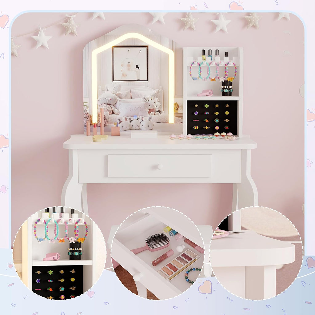 Kids Vanity with Lighted Mirror | Toddler Vanity Table and Chair Set, Girls Makeup Playset, White