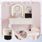 Kids Vanity with Lighted Mirror | Toddler Vanity Table and Chair Set, Girls Makeup Playset, White