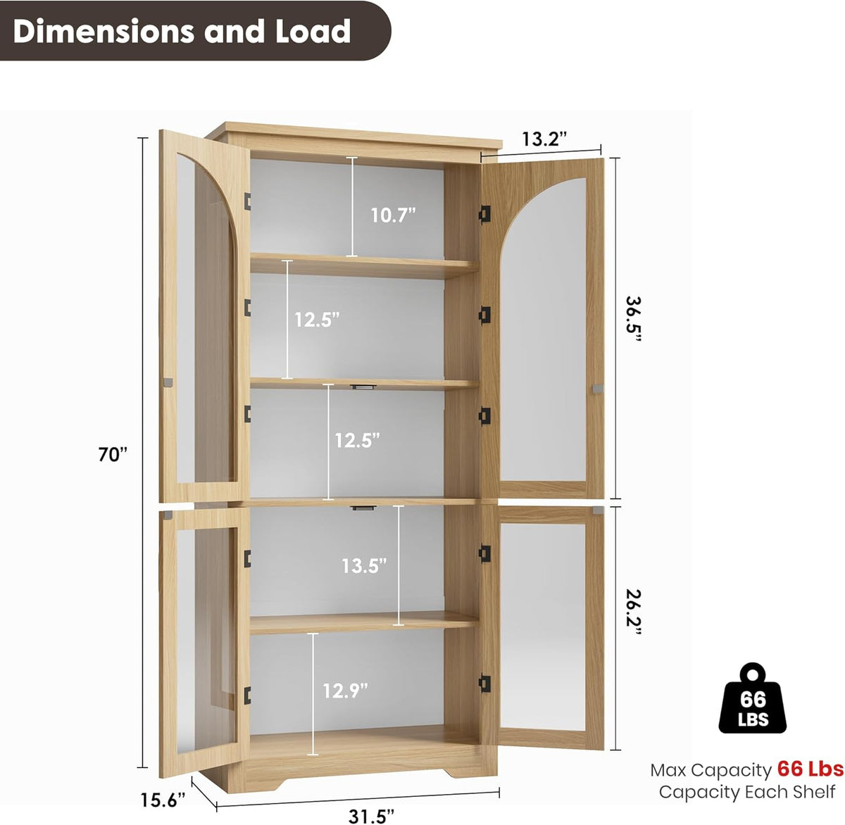 GarveeHome Kitchen Pantry Cabinet - 70" Tall Storage Cabinet with 4 Arched Glass Doors and Adjustable Shelves, Cupboard Organizers for Kitchen, Dining Room, Bathroom, Natural