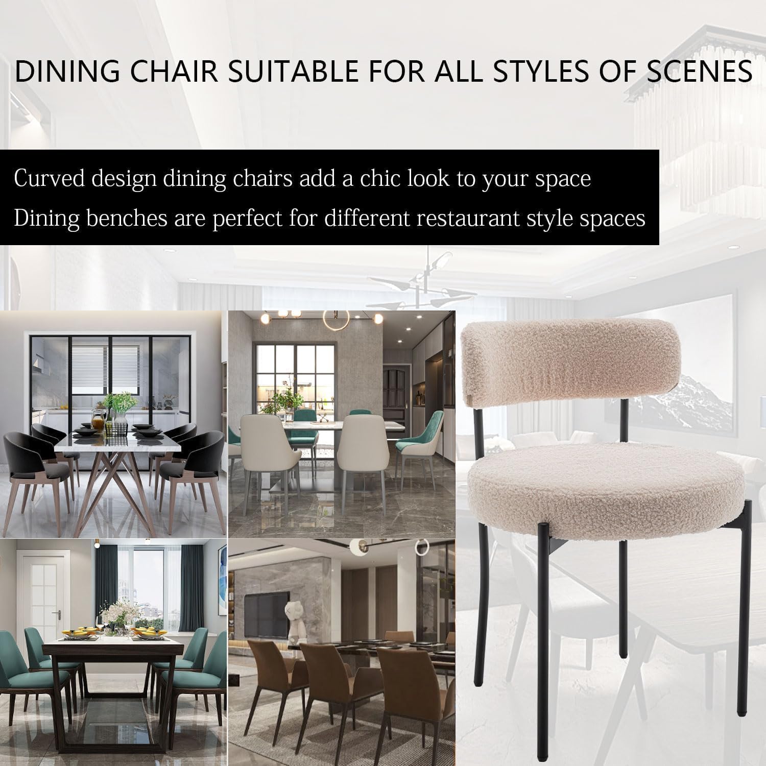 Riknuxi Boucle Dining Chairs Set of 4, Upholstered Dining Room Chairs Beige | Modern Kitchen Chairs with Curved Back, 4" Upholstery, Metal Legs, Easy Clean, for Dining Room/Restaurant/Kitchen