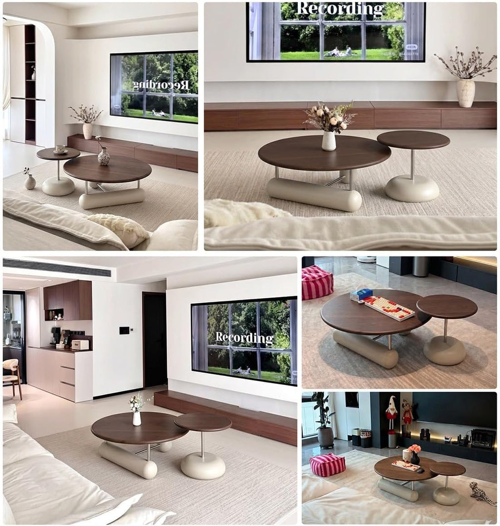Walnut Veneer Nesting Round Coffee Table Set with Metal Base Center Table | Modern Sculptural Curved Accent Side Table, Stainless Steel Support Frame for Apartment Living Room(Black,Table Set)