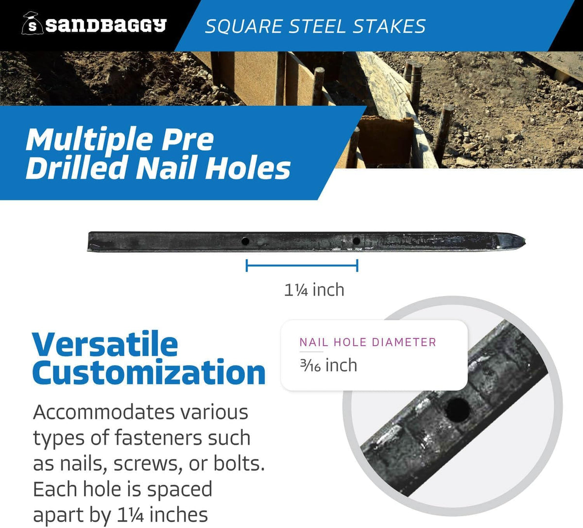 Sandbaggy Square Steel Concrete Form Stakes with Nail Holes - 5/8" Wide - Rust Resistant Coating - Removable, Reusable - Construction Grade Stakes (12 inch, 5)