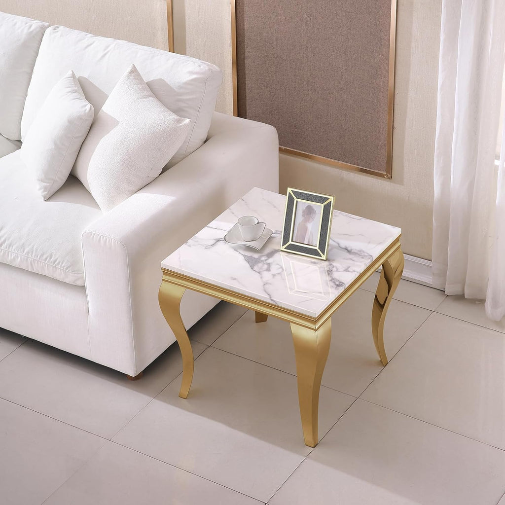 Marble End Table, Modern White Faux Marble Sofa Side Table with Gold Stainless Steel Legs, Luxury Sqaure Accent Side Table Bedside Table Nightstand for Living Room Bedroom Office