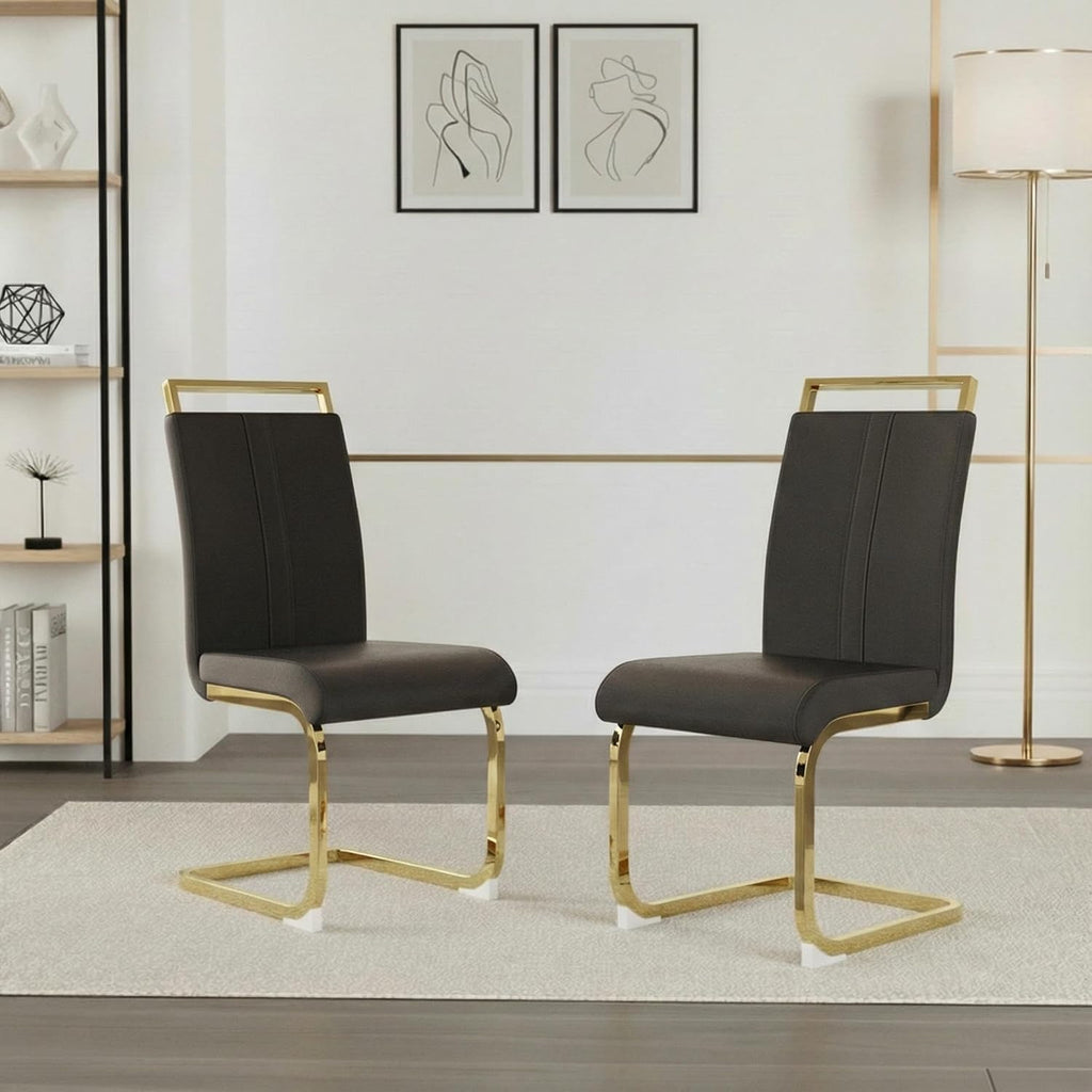 Set of 2 Modern Dining Chairs - Black PU Faux Leather Upholstered Armless Side Chairs with Cushioned Seat & Sturdy Metal Legs for Dining Room & Kitchen