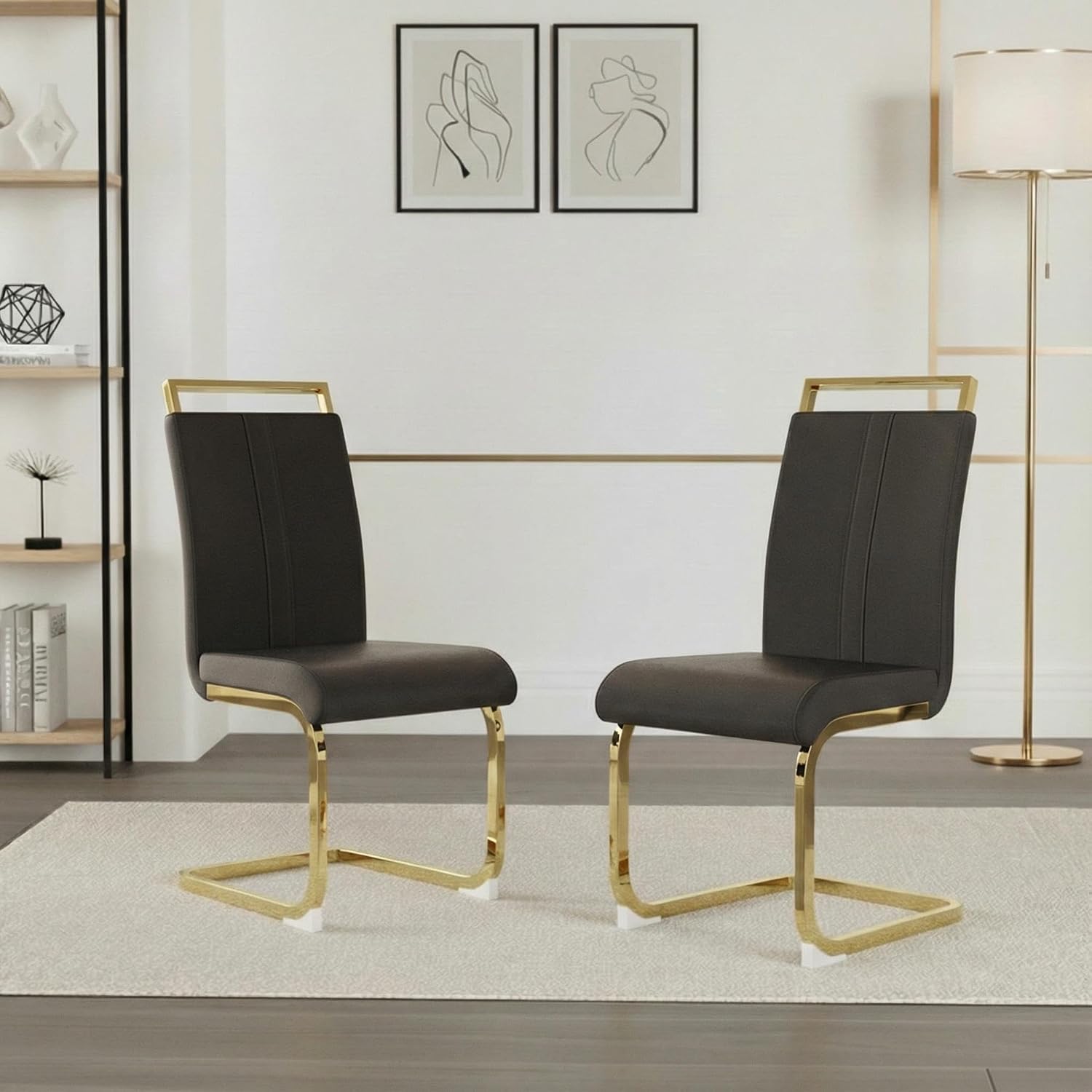 Set of 2 Modern Dining Chairs - Black PU Faux Leather Upholstered Armless Side Chairs with Cushioned Seat & Sturdy Metal Legs for Dining Room & Kitchen