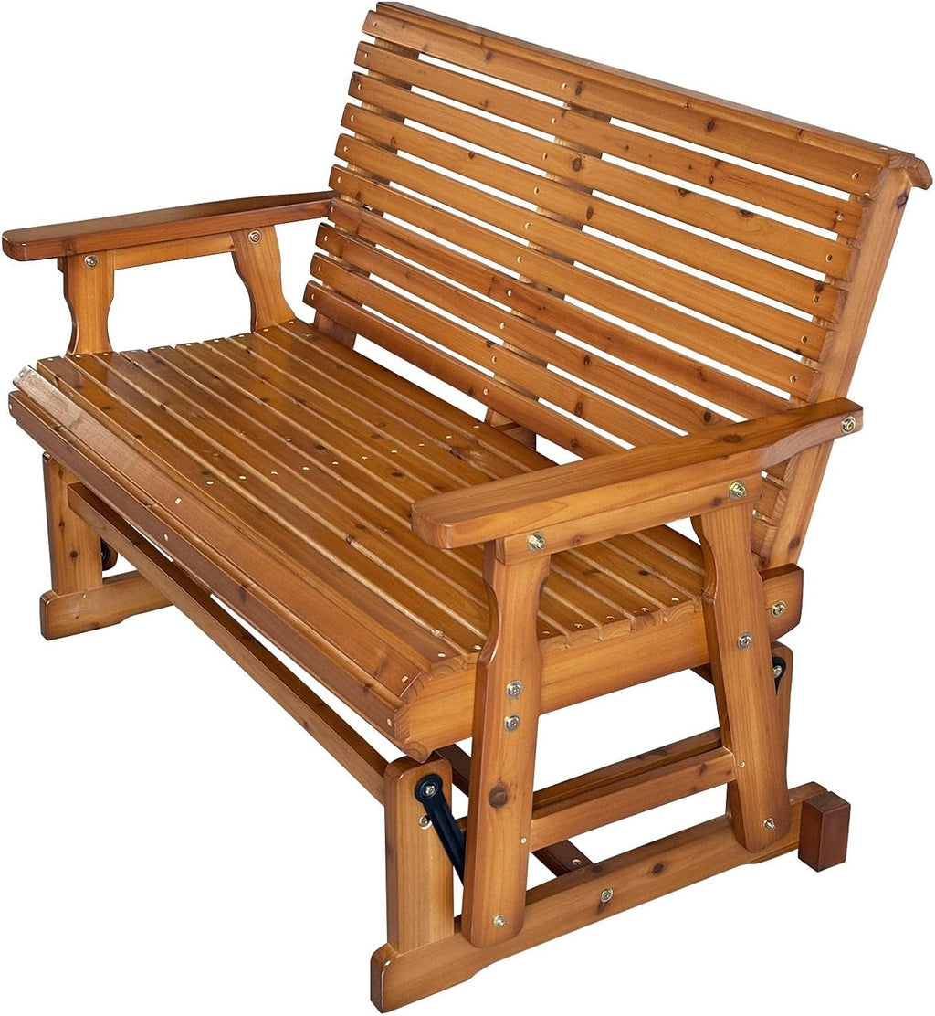 Fortune Candy Wooden Patio Glider with High Roll Back and Deep Contoured Seat, Solid Fir Wood, 2-Seater, Heavy Duty 800 LBS, 4 Ft. (Cedar Tone PU)