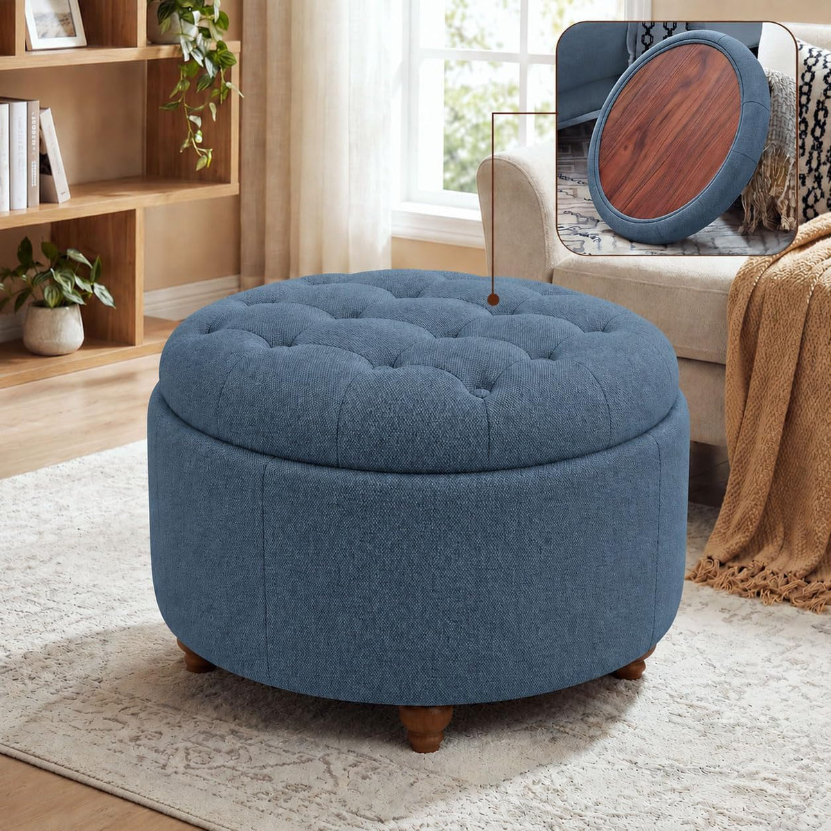 25" Round Ottoman with Storage, Small Coffee Table with Reversible Tray Lid | Tufted Fabric Round Storage Ottoman with Solid Wood Legs, 3-in-1 Footrest for Living Room, Bedroom, Entryway, Blue