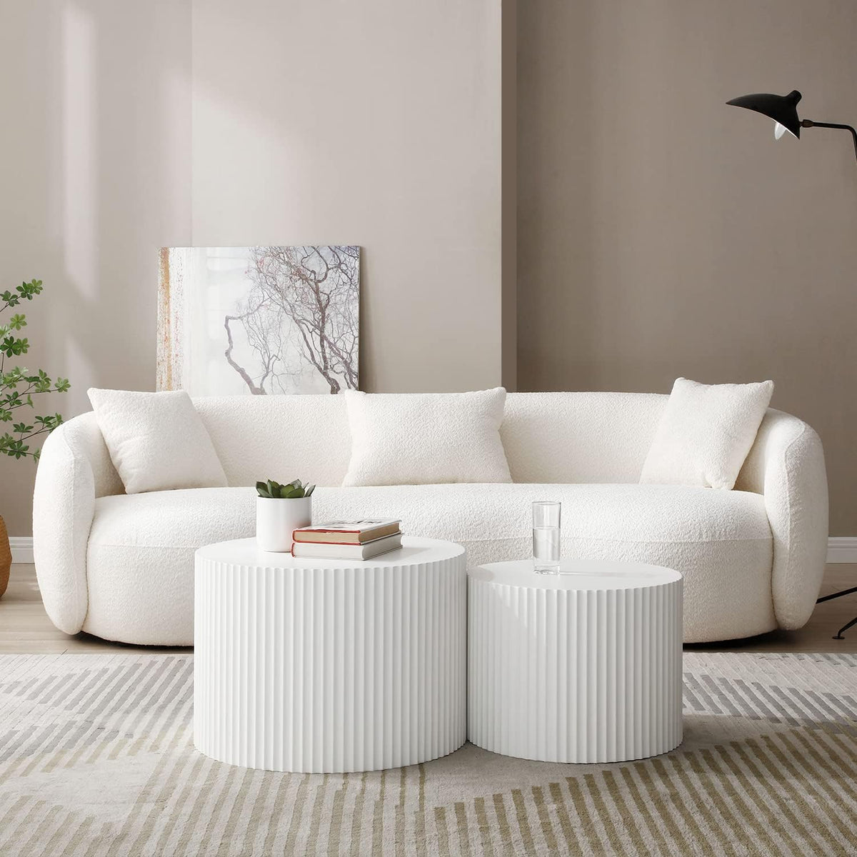 42.52'' White Round Nesting Coffee Table Set of 2 Modern Drum Side End Table for Living Room, Contemporary Wood Circle Embossed Design, No Assembly, White