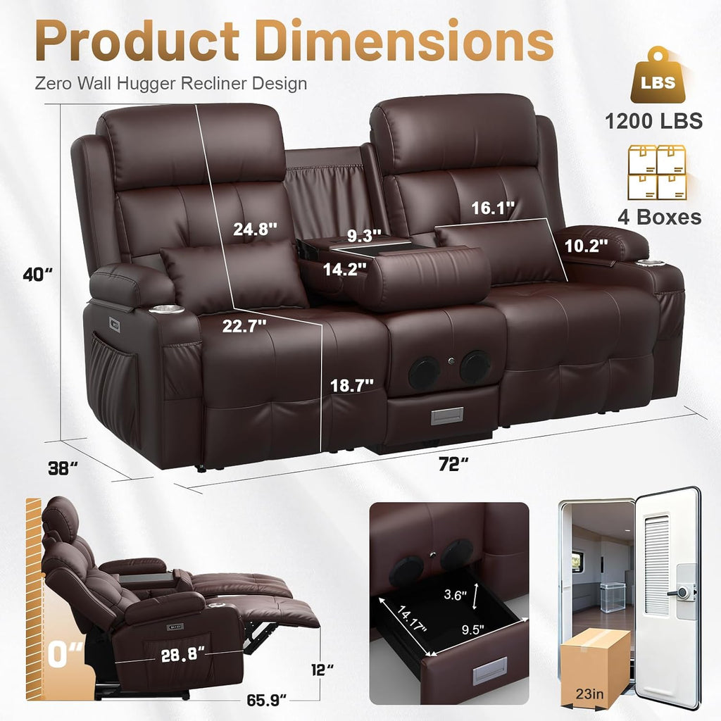 Power Loveseat Recliner Sofa with Massage & Heating, Zero Wall Hugger RV Reclining Couch with Bluetooth Speakers, LED Lights, Pillow, Drawer, USB Charging & Power Outlet for Home Theater & Gaming Room