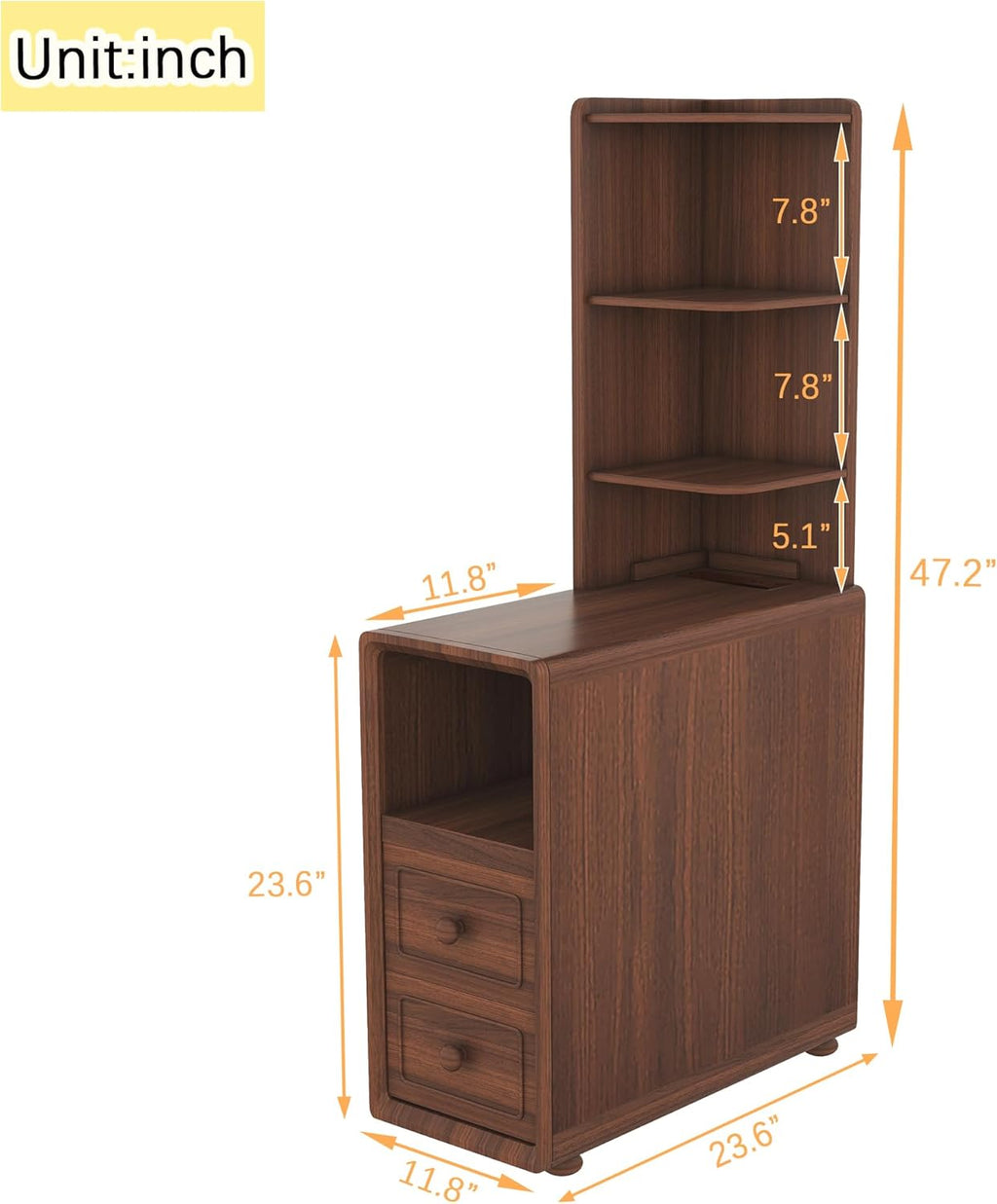GDFStudio End Table with 2 Drawers & 3 Open Shelves, Corner Side Table with Reversible Top Shelves & Charging Station, 2 USB Ports & AC Outlets, Ideal for Bedroom & Living Room, Walnut Finish