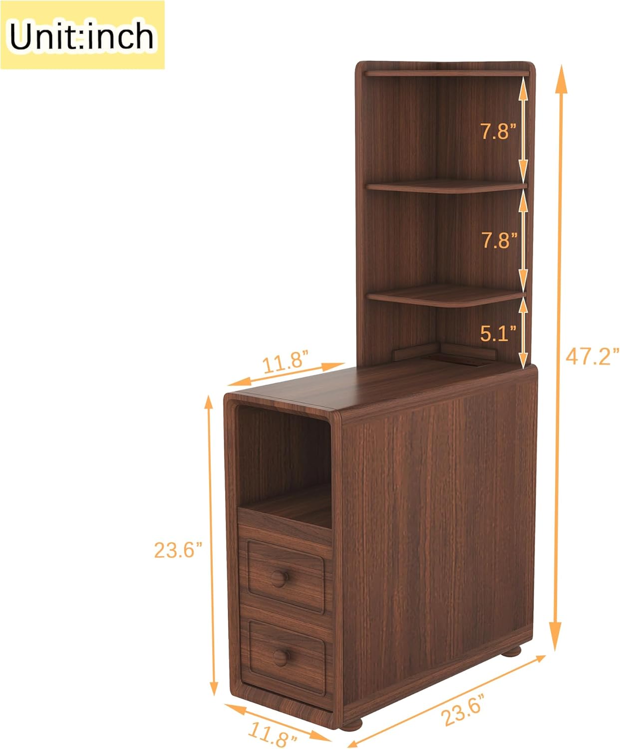 GDFStudio End Table with 2 Drawers & 3 Open Shelves, Corner Side Table with Reversible Top Shelves & Charging Station, 2 USB Ports & AC Outlets, Ideal for Bedroom & Living Room, Walnut Finish