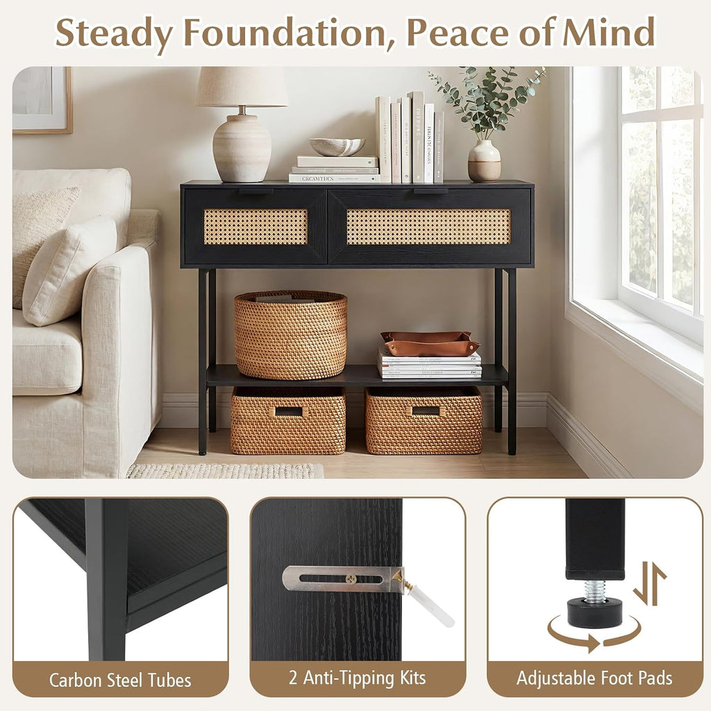 Giantex Rattan Console Table with Storage, 40" Boho Entryway Table w/ 2 Flip Door Cabinets & Shelf, Metal Frame, 2 Anti-Tipping Kits, Narrow Long Behind Couch Sofa Table for Entrance Hallway, Black