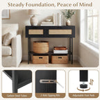 Giantex Rattan Console Table with Storage, 40" Boho Entryway Table w/ 2 Flip Door Cabinets & Shelf, Metal Frame, 2 Anti-Tipping Kits, Narrow Long Behind Couch Sofa Table for Entrance Hallway, Black