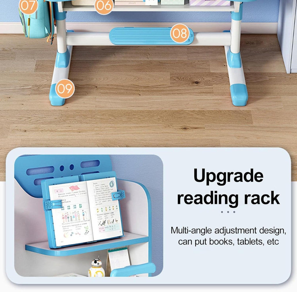 Kids Functional Desk and Chair Set, Ergonomic Height Adjustable Children School Study Desk with Storage, Book Stand, Metal Hook and Drawer for Boys Girls (Blue)