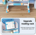 Kids Functional Desk and Chair Set, Ergonomic Height Adjustable Children School Study Desk with Storage, Book Stand, Metal Hook and Drawer for Boys Girls (Blue)