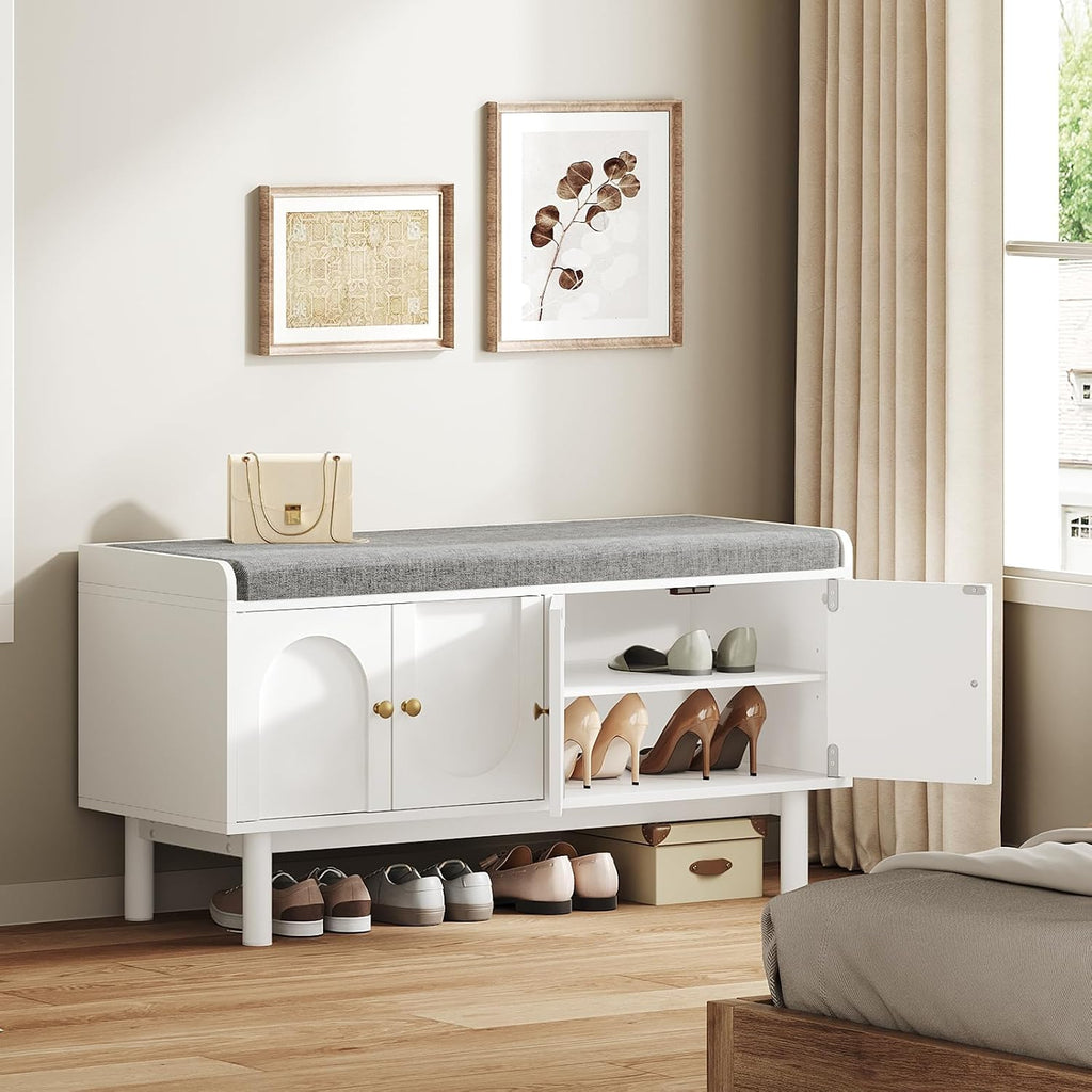 Shoe Storage Bench, 2-Tier Entryway Bench with Cushion, 15" D x 39.4" W x 19.7" H, Shoe Cabinet Bench with 4 Doors and Adjustable Shelves, for Entryway, Hallway, Bedroom, Living Room, White