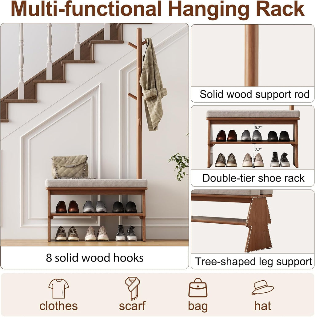 Coat Rack with Shoe Storage,Shoe Rack whit 8 Hook for Offices、Bedroom、Living Room,Small Shoe Bench,Walnut