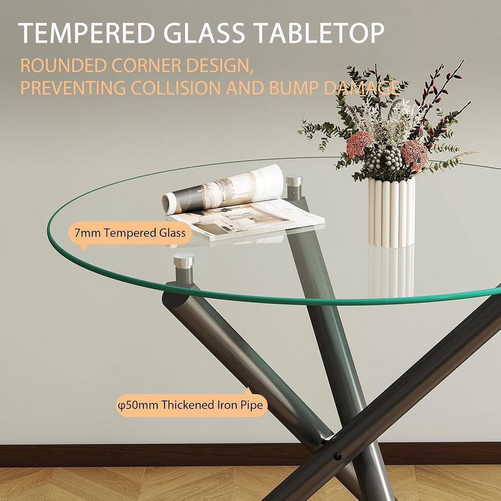 Modern Dining Room Table for 4 People, 36" Round Dining Table with Black Chrome Metal X-Base, Circle Tempered Glass Dining Room Tables, Small Dining Table Kitchen Tables Dinner Tables