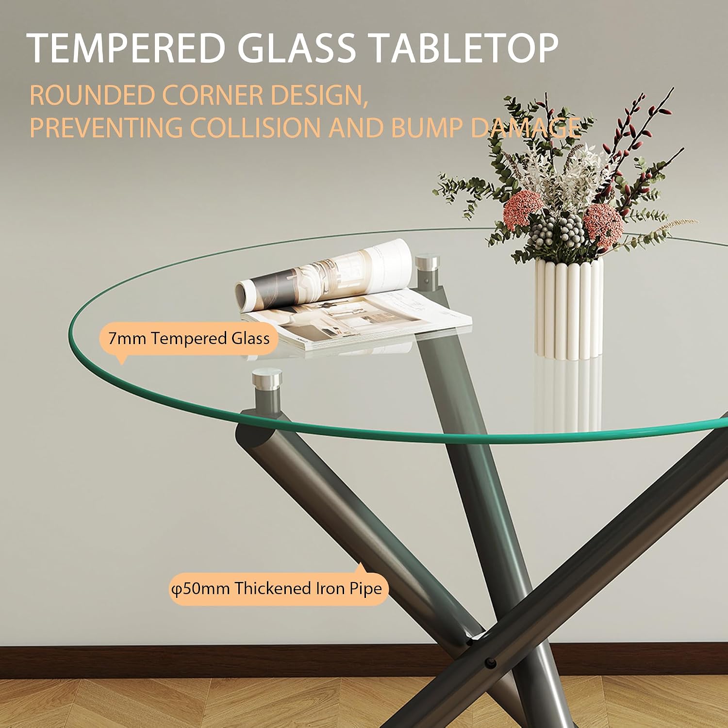 Modern Dining Room Table for 4 People, 36" Round Dining Table with Black Chrome Metal X-Base, Circle Tempered Glass Dining Room Tables, Small Dining Table Kitchen Tables Dinner Tables