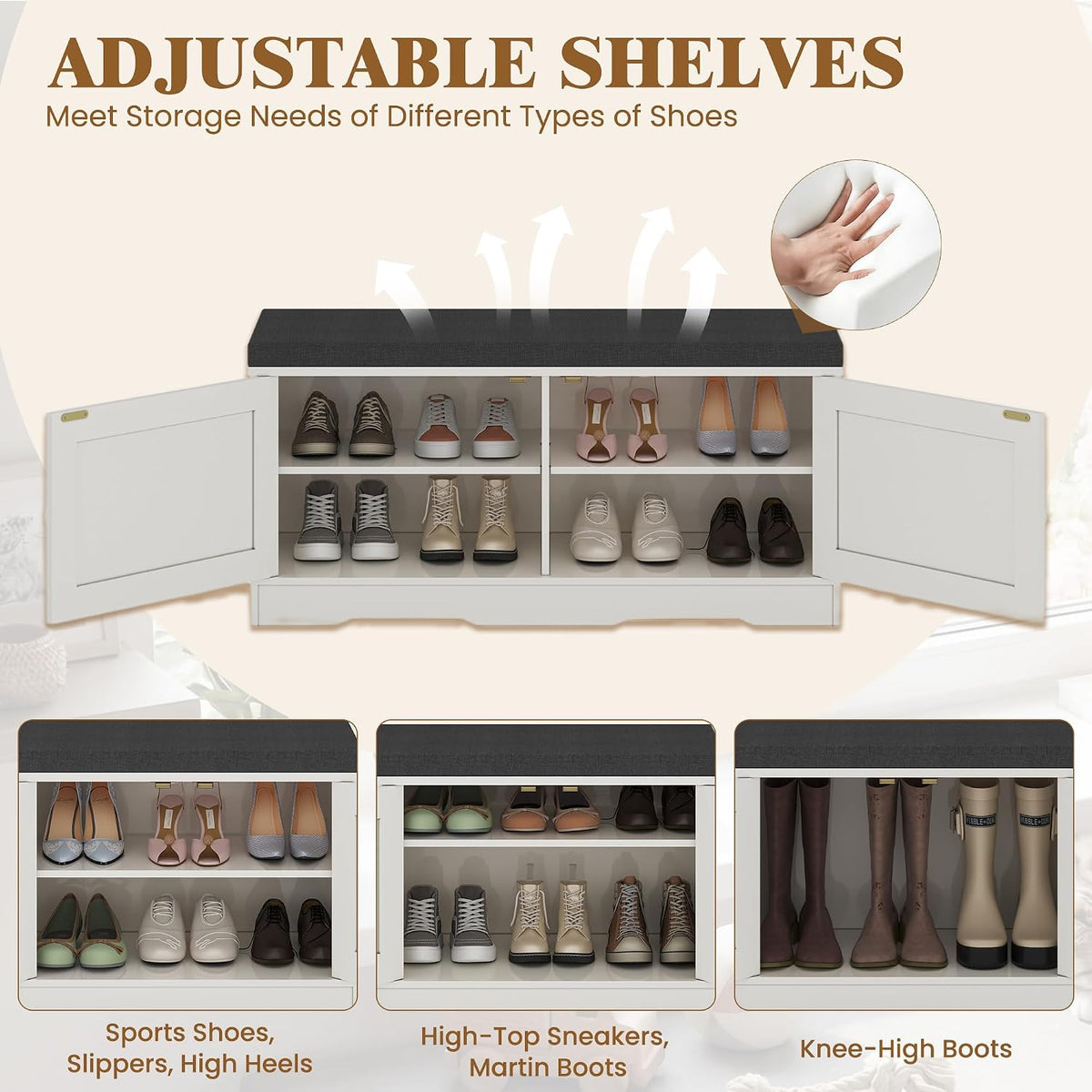 Apicizon Shoe Storage Bench, 2 Tier Entryway Bench with Padded Seat Cushion, 2 Barn Doors, Adjustable Shelves, 39.37" Shoe Bench with Storage for Entrance Hallway Bedroom Living Room, Beige White