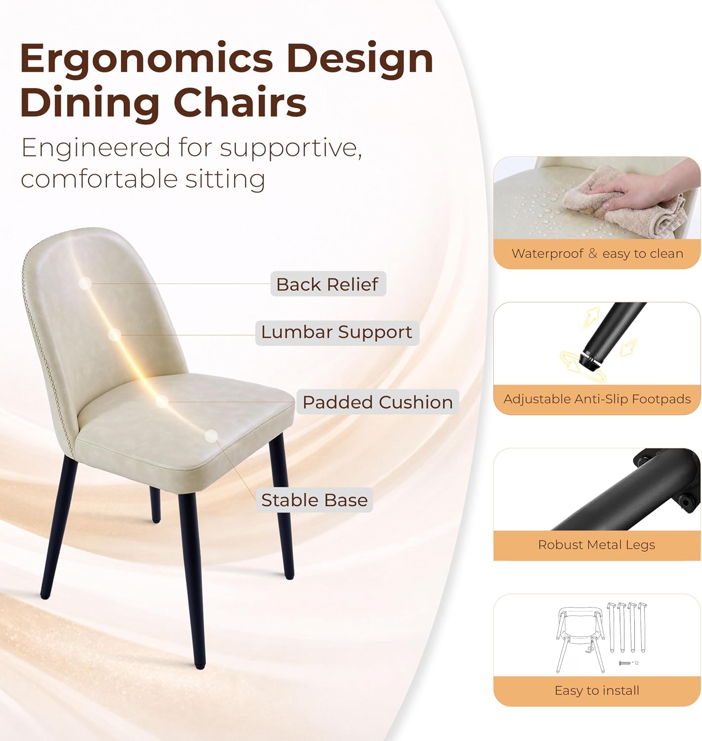 Set of 4 Mid-Century Modern Dining Chairs, Beige Faux Leather Upholstered Kitchen Chairs with Metal Legs, Comfortable Side Chairs for Dining Room, Living Room, Cafe & Hotel