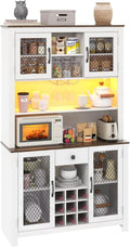 DRIXNO 70.9" White Kitchen Pantry Cabinet with RGB LED Lights & Charging Station, Farmhouse Buffet Hutch with Metal Mesh Doors, Wine Glass Rack & 9 Bottle Storage, Dining Room Cupboard Server