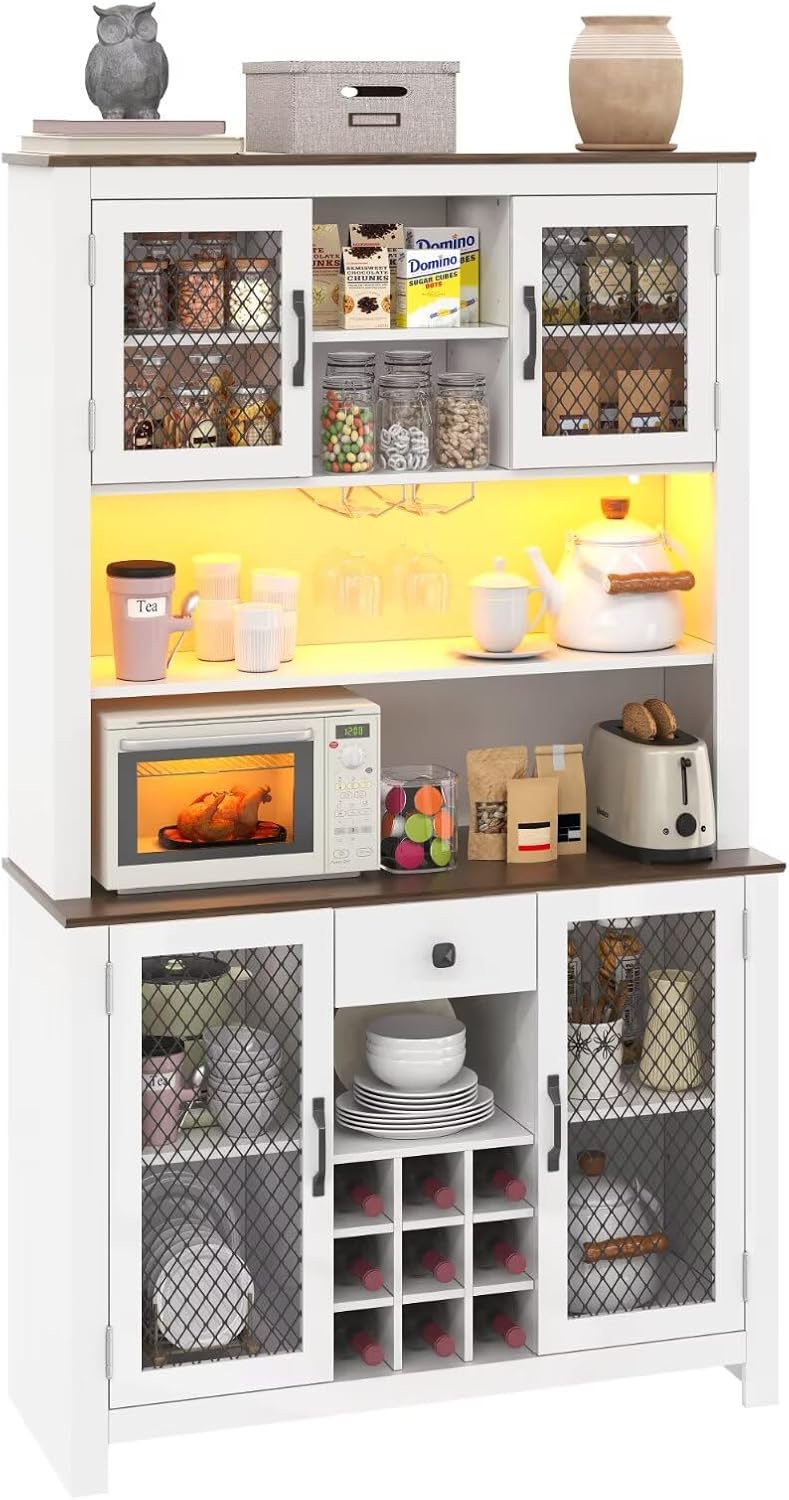 DRIXNO 70.9" White Kitchen Pantry Cabinet with RGB LED Lights & Charging Station, Farmhouse Buffet Hutch with Metal Mesh Doors, Wine Glass Rack & 9 Bottle Storage, Dining Room Cupboard Server
