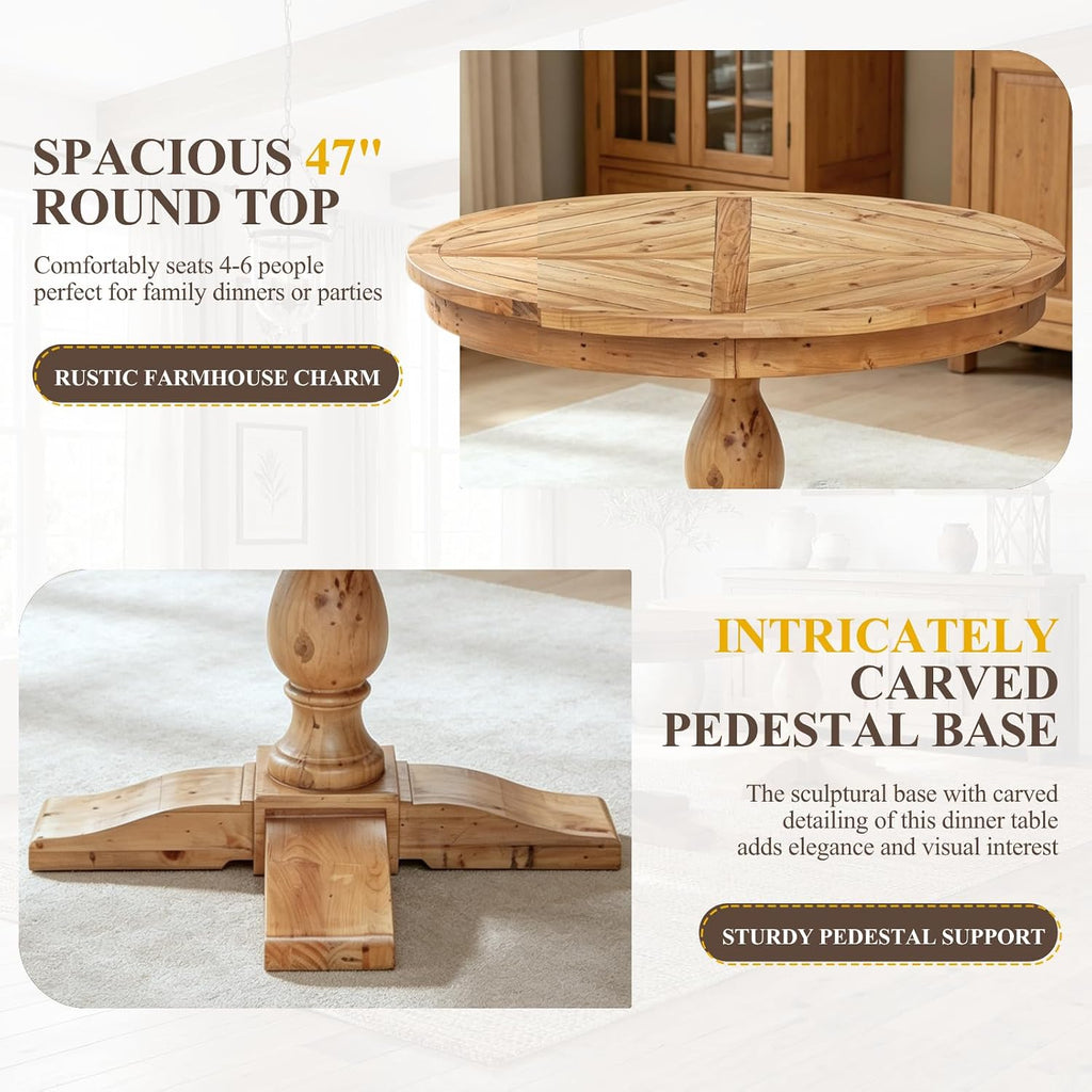 47" Round Dining Table with Wooden Pedestal Base, Reclaimed Pine Wood Dinner Table for 4, Heavy Duty Pedestal Table for Kitchen/Dining Room/Living Room/Restaurant, Natural