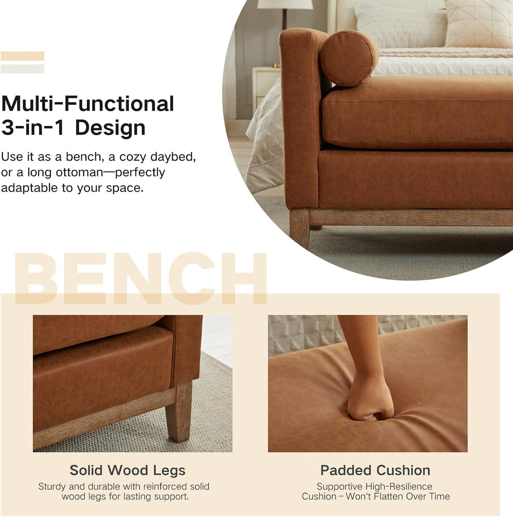 End of Bed Bench for Bedroom, 66.34'' Long King Size Vegan Leather Bench with Arms Upholstered Shoe Bench for Entryway, Hallway, Cloakroom, Window Bench (Brown PU).