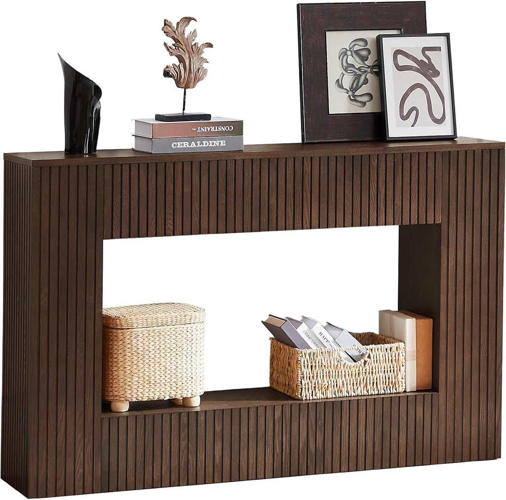 LKTART 55.12" Console Table for Entryway, Narrow Long Solid Wood Veneer Fluted Entryway Table Sofa Table Behind Couch Tables with 2-Tier Storage Shelves for Hallway, Living Room, Foyer, Walnut